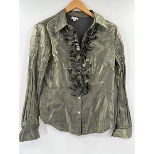 Agora Womens M Metallic Green Blouse With Ruffled Front & Long Sleeves